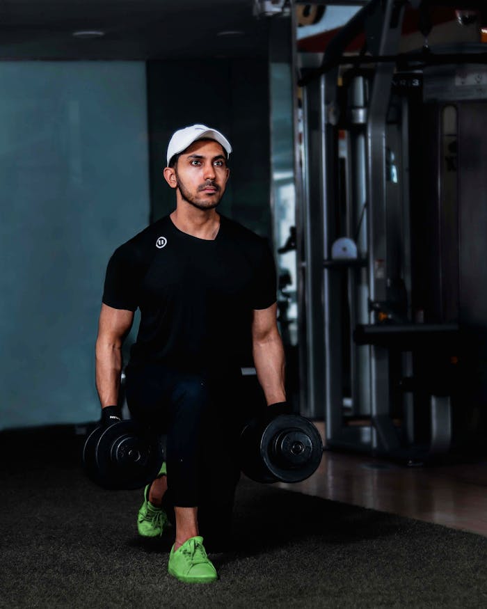 Adult man exercising with dumbbells, focusing on strength training in a gym setting.